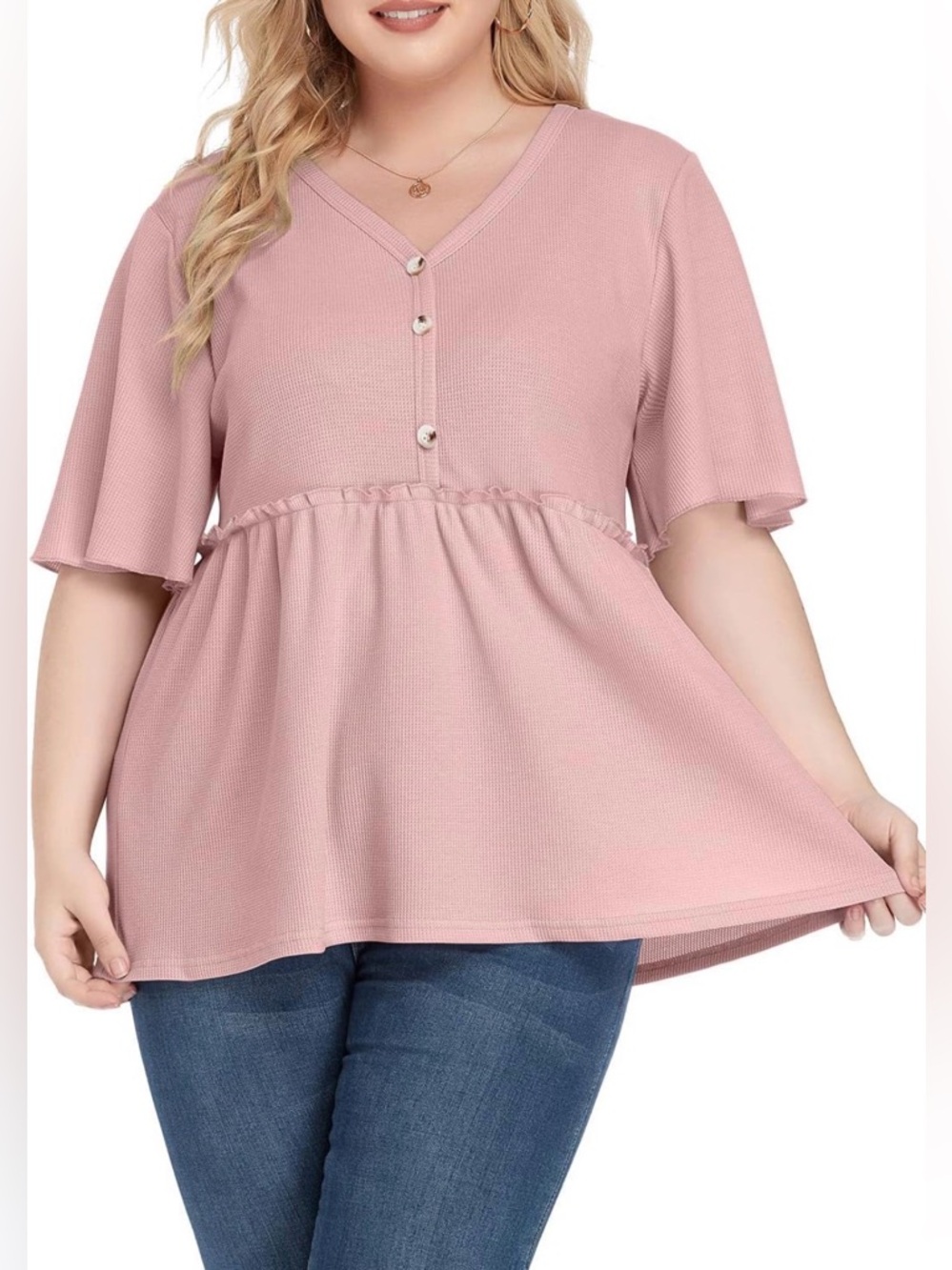 Plus Size Dusty Rose V-Neck Ruffle Peplum Tunic